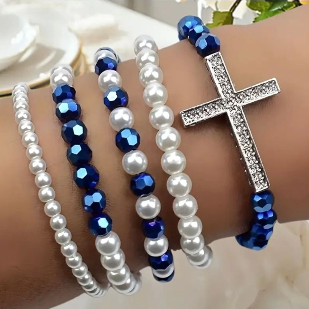 Rhinestone & Faux Pearls Beaded Cross Bracelet